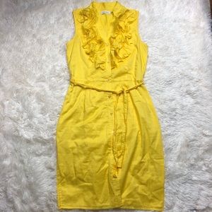 Calvin Klein yellow ruffle neck button down dress